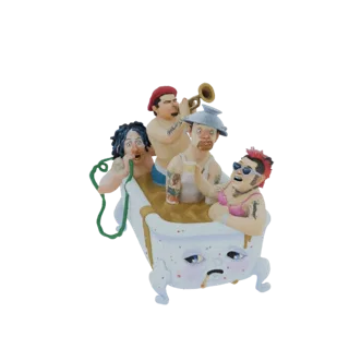 3D model of a whimsical bathtub scene with four quirky characters, one playing a trumpet, in a distressed tub with a sad face