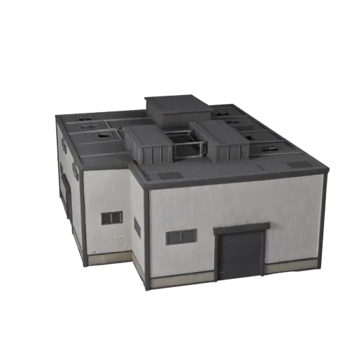 Модульный комплект склада низкополигональная 3D модель, готовая к игре, вид снаружи, показывающий материалы модульного строит
