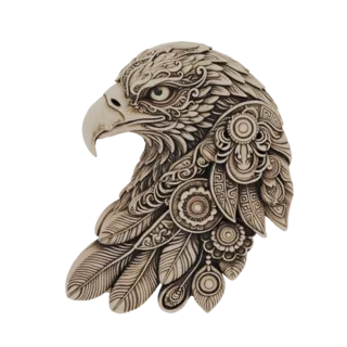 3D model of an ornate eagle head with intricate tribal and floral carvings, presented on a white background.