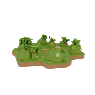Низкополигональная 3D-модель игрового ландшафта с зелеными холмами, кубическими деревьями и небольшими постройками на коричне