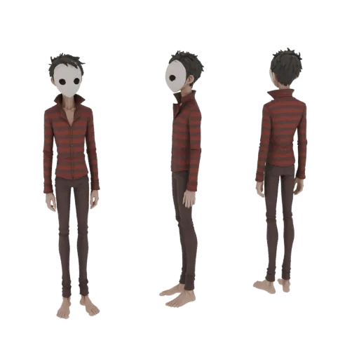 3D модель стройной фигуры в белой маске, красно-коричневой полосатой рубашке и коричневых брюках, показанная с трех разных ра
