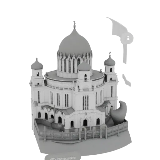 3D модель детализированного православного собора с множеством куполов и замысловатыми архитектурными элементами, в оттенках с