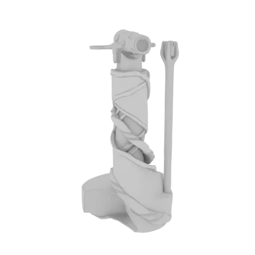 3D модель древнего ритуального посоха с обмотанным стержнем и сложным навершием, в сером цвете.