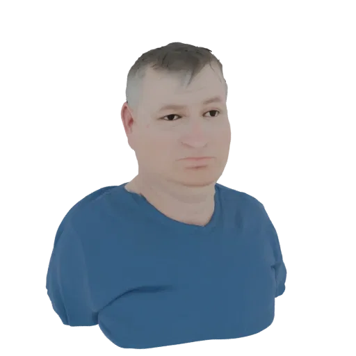 Рендер 3D модели бюста мужчины средних лет с короткими седеющими волосами в синей футболке на белом фоне.
