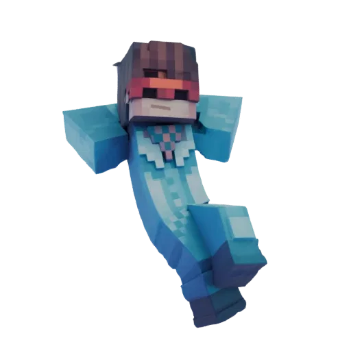 3D модель персонажа в стиле Minecraft в костюме аква-супергероя и маске, динамично позирующая, как будто летит.