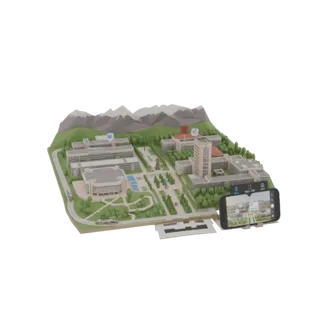 3D-модель современного университетского кампуса с low-poly зданиями, деревьями и смартфоном на переднем плане.