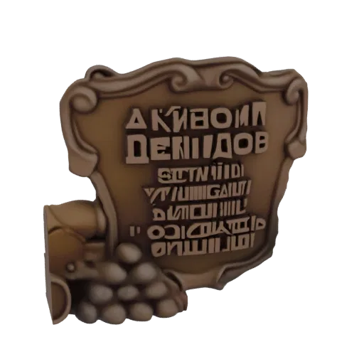 3D модель декоративной таблички с узорным бордюром и рельефным кириллическим текстом, отрендеренная в бронзовом материале.