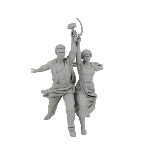 3D модель скульптуры «Рабочий и колхозница», мужчина и женщина в динамичных позах держат молот и серп.