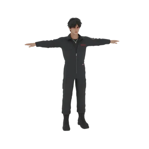 3D модель мужчины в темно-сером комбинезоне механика, стоящего в T-позе с раскинутыми руками.