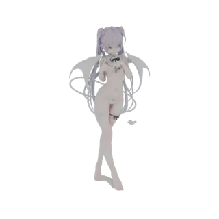 3D модель суккуба с фиолетовыми волосами и белыми крыльями летучей мыши, в бикини, в игривой позе.