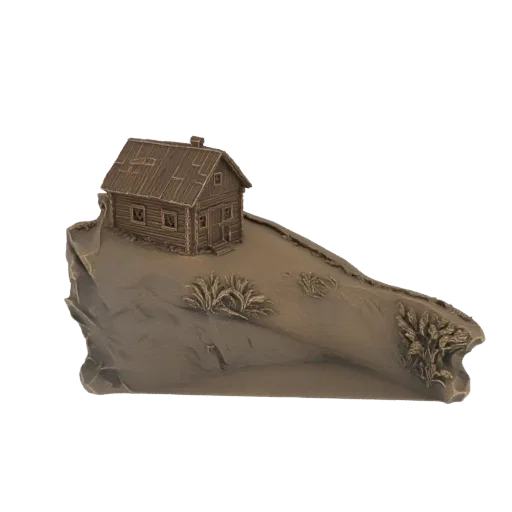 3D модель деревенской бревенчатой хижины на скалистом выступе с редкой растительностью, в коричневых тонах.