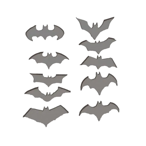 Коллекция из 10 стилизованных 3D силуэтов летучих мышей в различных позах, представленных в темно-сером материале.