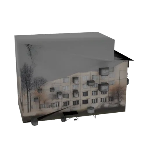 3D модель советского многоквартирного дома с несколькими этажами, окнами и балконами, на белом фоне.