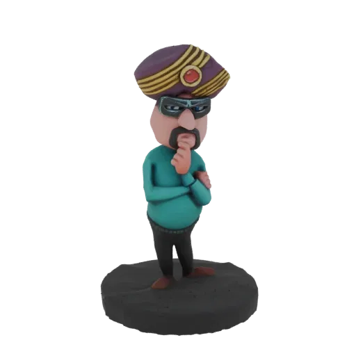 3D модель мультяшного мужчины в фиолетово-золотом тюрбане, очках и бирюзовой рубашке, с задумчивым выражением лица, стоящего