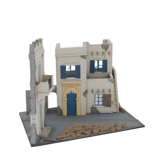 3D модель разрушенного средиземноморского дома с синими ставнями, обветшалыми стенами и обломками на участке улицы.