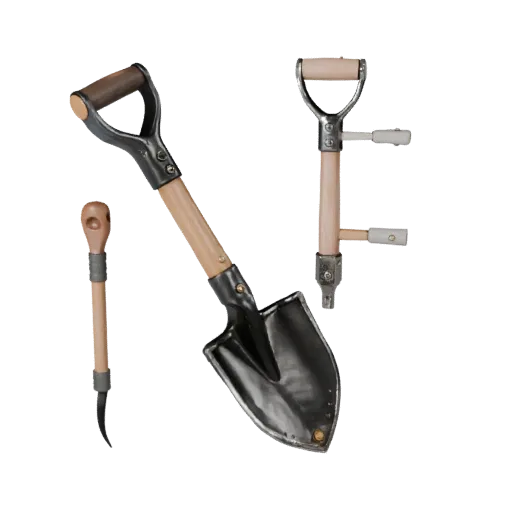 Стилизованная 3D-модель винтажной лопаты, стилизованный изометрический рендер, демонстрирующий окрашенный металл, функциональ