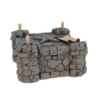 3D модель серого каменного алтаря с пентаграммой, тремя горящими свечами и свитком из пергамента сверху на белом фоне.