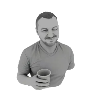 3D модель мужчины, подмигивающего и держащего чашку кофе, в оттенках серого.