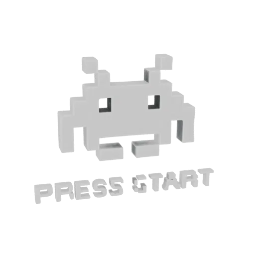 3D модель пиксельного пришельца Space Invader со словами "PRESS START" под ним, в светло-сером цвете.