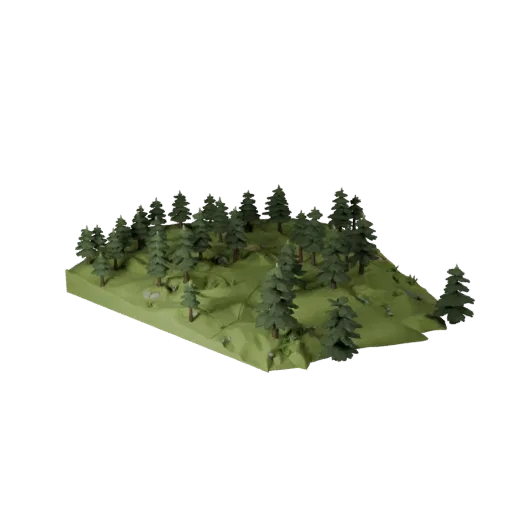 3D-модель биома умеренного леса, кинематографический рендер крупным планом, показывающий слои местности, детали местности.