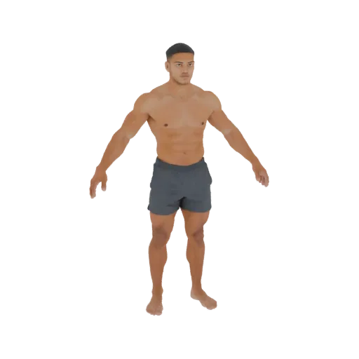 3D-модель мускулистого мужчины, стоящего с руками, слегка отведенными в стороны, в серых шортах.
