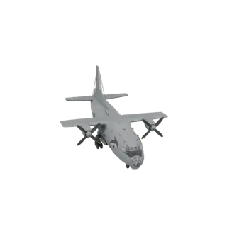 3D модель серого турбовинтового транспортного самолета Ан-12 "Куб" с четырьмя двигателями и заметным хвостовым орудием.