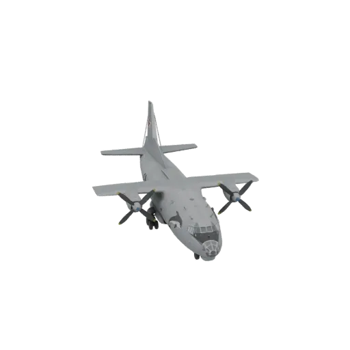 3D модель серого турбовинтового транспортного самолета Ан-12 "Куб" с четырьмя двигателями и заметным хвостовым орудием.