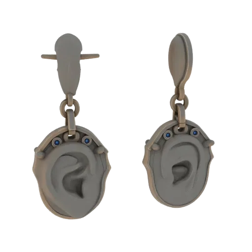 Серьги-гвоздики с подвеской, детализированная 3D-модель, вид спереди, студийный рендер, подчеркивающий форму и детали отделки