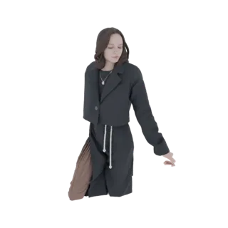 3D-модель AI-сгенерированной женской модели в темном костюме и коричневой плиссированной юбке, позирующая с вытянутой рукой.