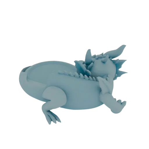 Светло-голубая 3D модель милого дракончика, выглядывающего из треснувшей яичной скорлупы, с поджатыми под себя лапками.