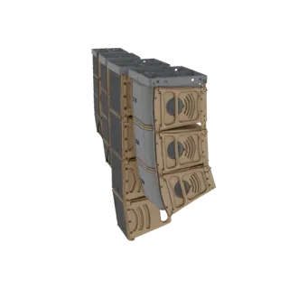3D модель модульной акустической системы Line Array, показывающая несколько stacked акустических модулей с видимыми решетками