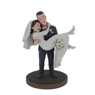 3D модель в мультяшном стиле: жених в темно-синем костюме несет невесту в белом свадебном платье, держит букет, на круглой по