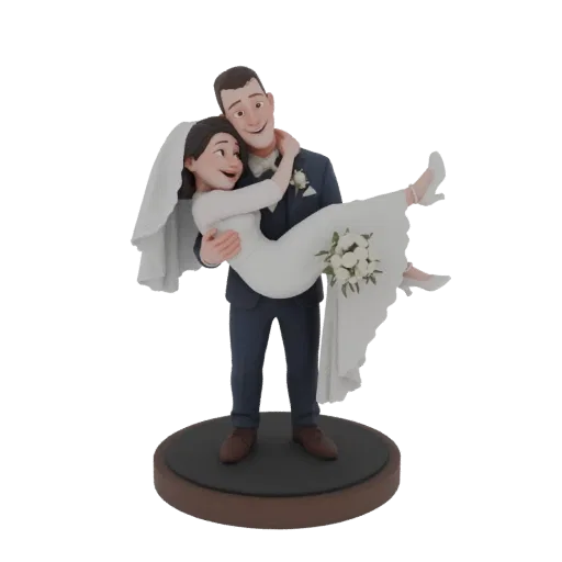 3D модель в мультяшном стиле: жених в темно-синем костюме несет невесту в белом свадебном платье, держит букет, на круглой по