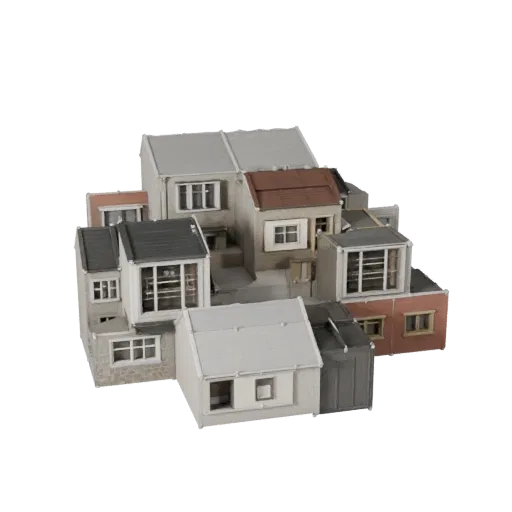 Модульный пригородный комплект реалистичная 3D модель, вид с трех четвертей снаружи, показывающий материалы модульного строит