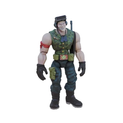 3D модель мускулярной фигурки солдата с камуфляжем, тактическим снаряжением, гарнитурой и эмблемой черепа на поясе.