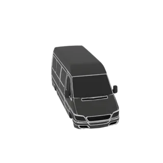 3D рендер элегантного черного люксового фургона Sprinter с тонированными окнами, вид с немного приподнятого передне-правого у