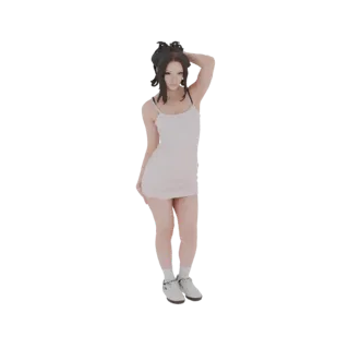 3D-модель молодой женщины с темными волосами в белом платье-комбинации и белых кроссовках, позирующая одной рукой за головой.