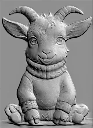 3D модель барельефа милого козленка в свитере, вид спереди, серая текстура