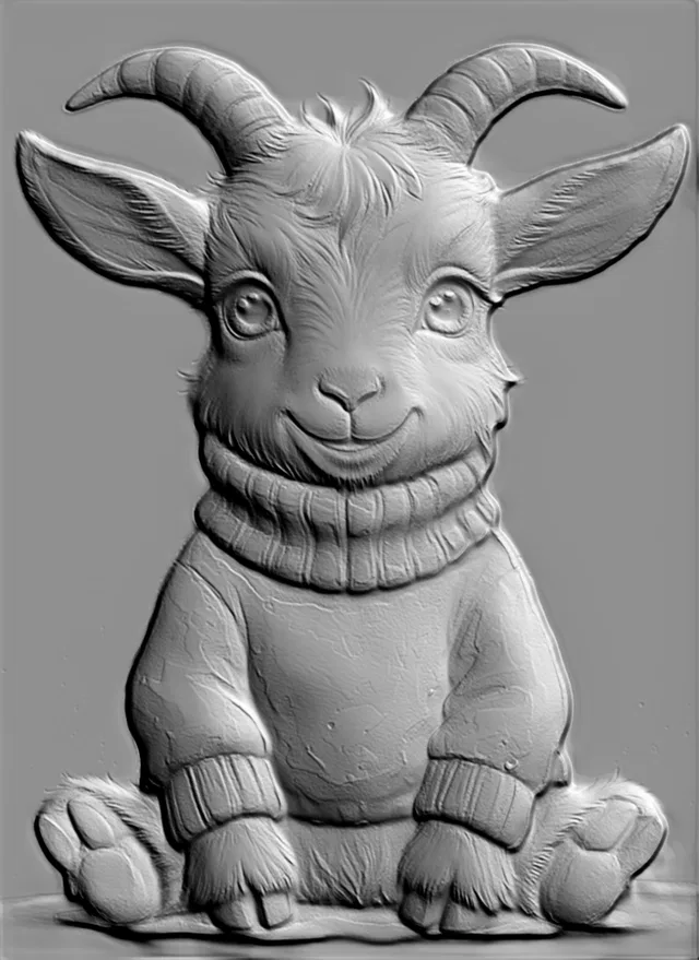 3D модель барельефа милого козленка в свитере, вид спереди, серая текстура
