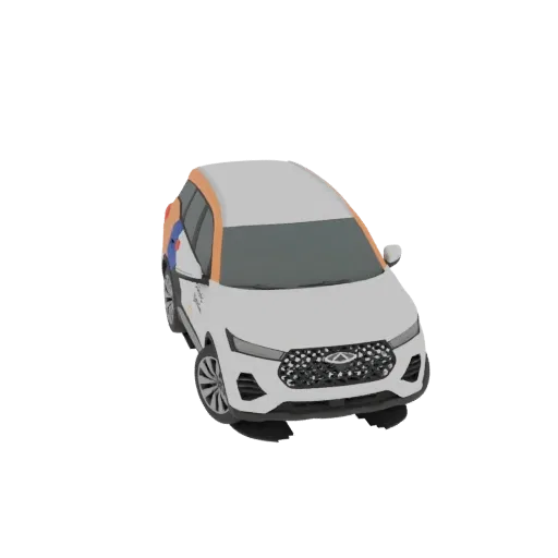 3D модель белого Chery Tiggo 7 Pro SUV с оранжевыми и синими акцентами на крыше, вид с немного приподнятого переднего угла.