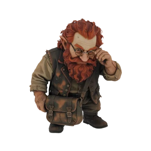 3D-модель гнома-ученого с рыжей бородой, очками и кожаной сумкой, задумчиво позирующий.