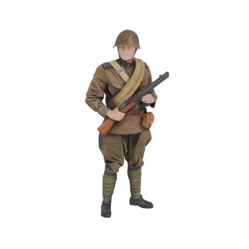 3D модель советского солдата в форме с винтовкой, изображенная в реалистичном стиле для печати в масштабе 1:16.