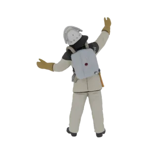 3D модель астронавта в белом костюме со светло-голубым рюкзаком, руки подняты в динамичной позе.