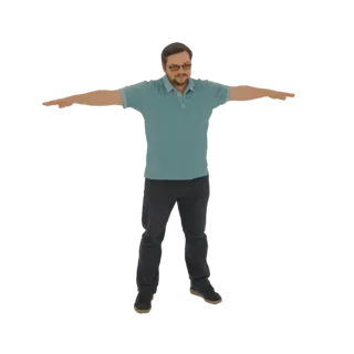 3D модель мужчины в бирюзовой поло и темных брюках, стоящего с раскинутыми руками в позе T на белом фоне.