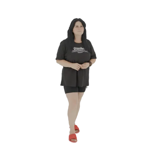 3D model of a woman standing, wearing a black t-shirt, black shorts, and red slides, looking slightly upwards.