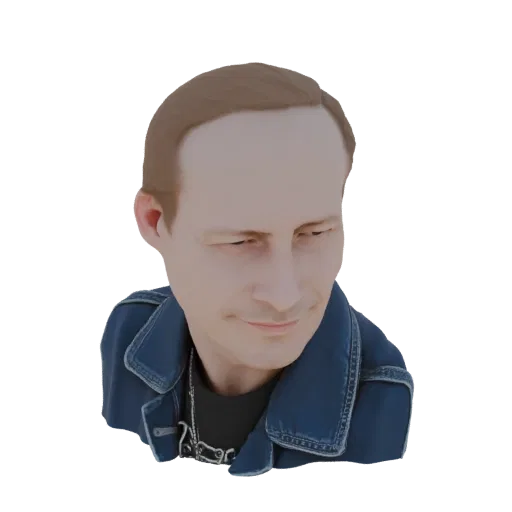 Рендер 3D модели мужчины с короткими каштановыми волосами в синей джинсовой куртке и серебряной цепочке, смотрящего немного в