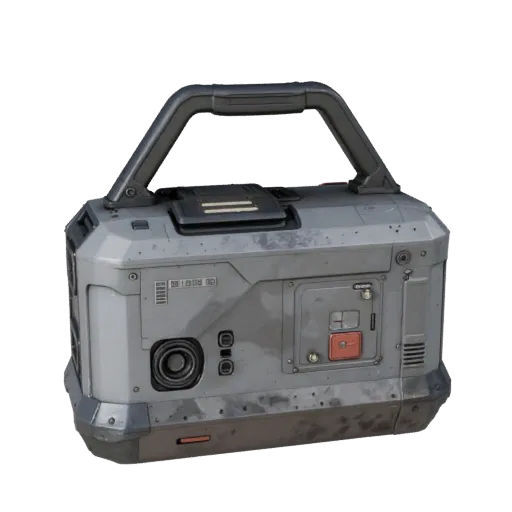 Реалистичная 3D-модель энергетического блока Field Tech, студийный рендер в три четверти, с излучающими полосами, четкий силу