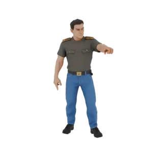 3D-модель мужчины в серой футболке и синих джинсах, стоящего и указывающего пальцем вперед