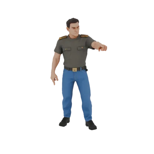 3D-модель мужчины в серой футболке и синих джинсах, стоящего и указывающего пальцем вперед