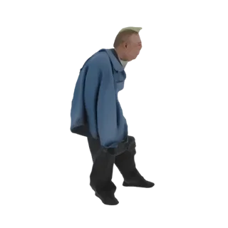 3D модель мужчины в синей куртке и черных брюках, вид сбоку.